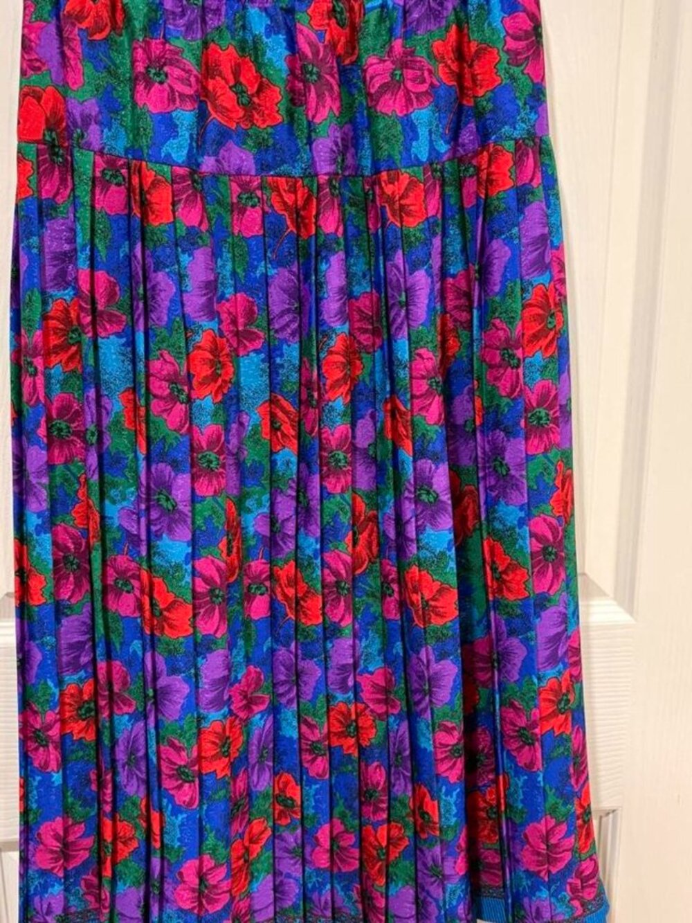 Vintage Andrea Gayle Floral Pleated Maxi Skirt Red Purple Blue Women's M